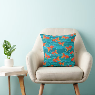 Cute Swimming Goldfish & Water Pattern Kussen