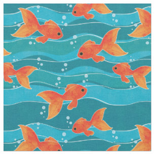 Cute Swimming Goldfish & Water Pattern Stof