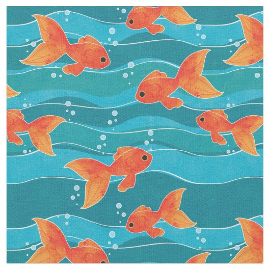 Cute Swimming Goldfish & Water Pattern Stof (Close Up)