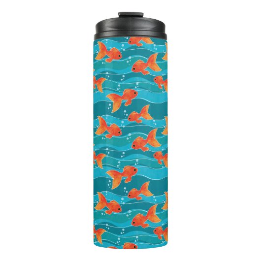Cute Swimming Goldfish & Water Pattern Thermosbeker (Voorkant)