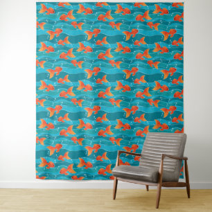 Cute Swimming Goldfish & Water Pattern Wandkleed