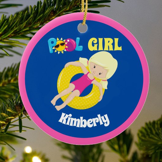 Cute Swimming Pool Blonde Girl Personalized Keramisch Ornament