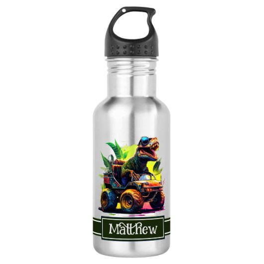 Cute T-Rex Riding Monster Truck Dinosaur Name Waterfles (Voorkant)