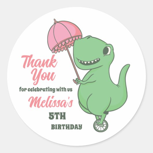 Cute T-Rex Unicycle Dinosaur kinderen Birthday Par Ronde Sticker (Voorkant)