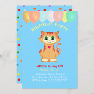 Cute Tabby Cat, Balloons en Confetti Birthday Kaart