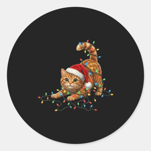Cute Tabby Cat Christmas Funny Lights Xmas Cat In Ronde Sticker (Voorkant)