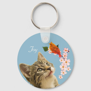 Cute Tabby Cat, Flowers en Red Little Bird Sleutelhanger