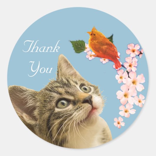 Cute Tabby Cat, Flowers & Little Bird Dank je Ronde Sticker (Voorkant)