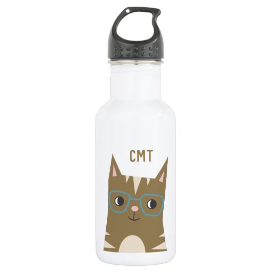Cute Tabby Cat met bril | Monogram Waterfles (Voorkant)