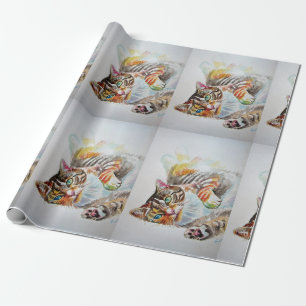Cute Tabby Cat Spelling Art Waterverf Wrapping Cadeaupapier