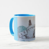 Cute Tabby Chat Jouer Crayon Dessin Mug Bleu (Devant gauche)