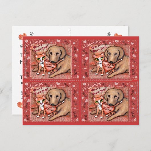 Cute Tabby Chat & Lab Valentines Chien Cartes Plat (Devant / Derrière)