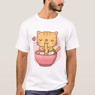 Cute Tabby Kat Eet Ramen Noedels Golven Achtergron T-shirt
