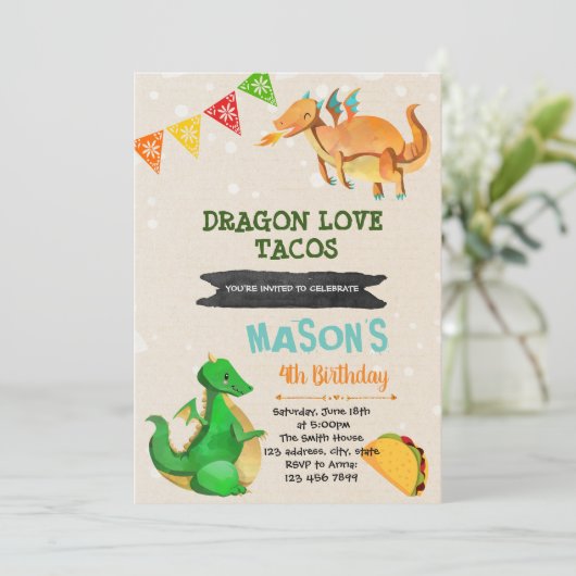 Cute taco dragon themagepartijuitnodiging kaart (Staand voorkant)