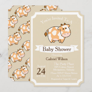 Cute Tan Cow Calf & White Ribbon Baby shower Kaart