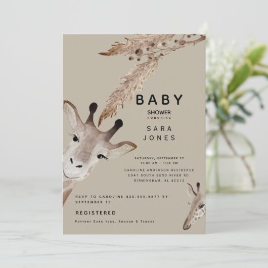 Cute Tan Waterverf Giraffe Pampas Baby shower Kaart (Staand voorkant)