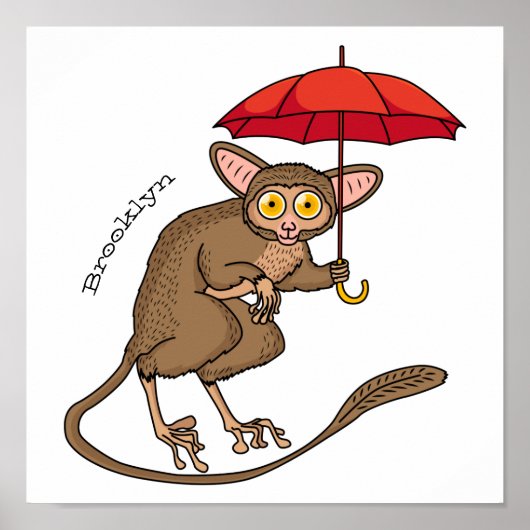 Cute Tarsier met paraplu cartoon illustratie Poster (Voorkant)