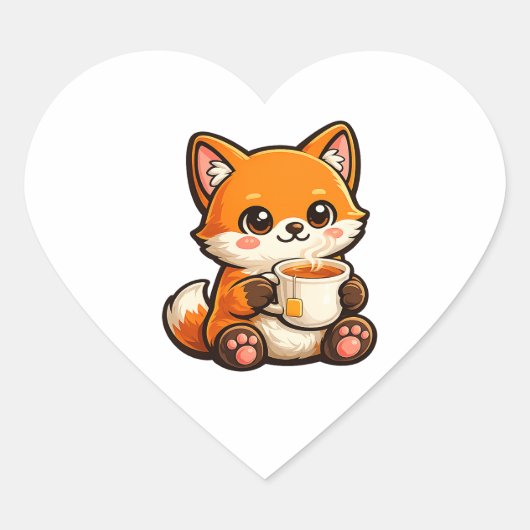 Cute Tea Fox Illustration – Cozy Fox Drinking Tea Hart Sticker (Voorkant)