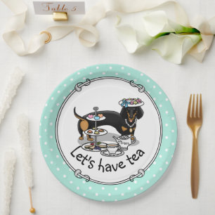 Cute Tea Party Dachshund Dog (zwart & tan) Funny Papieren Bordje