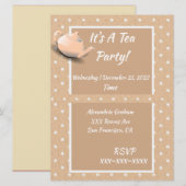 Cute Tea Party Invitation beige Polka Dot Teapot Kaart (Voorkant / Achterkant)