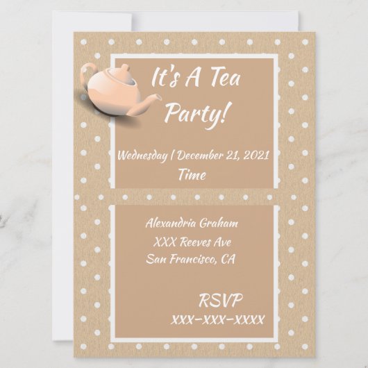 Cute Tea Party Invitation Polka Beige Dot Teapot (Devant)