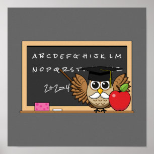 Cute Teacher Owl met Apple Cartoon Poster