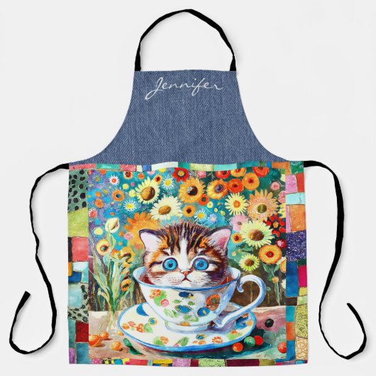 Cute Teacup Chat Tout-En-Tout Imprimer Tablier (Recto)