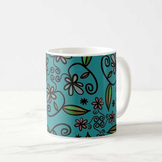Cute Teal Floral Pattern Koffiemok (Voorkant rechts)