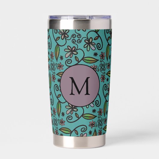 Cute Teal Floral Pattern Monogram Geïsoleerde Drinkbeker (Voorkant)
