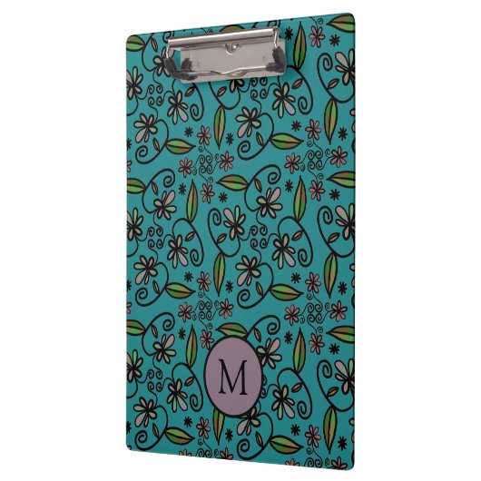 Cute Teal Floral Pattern Monogram Klembord (Links)