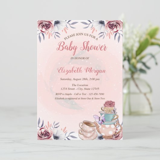 Cute Teapot Floral Tea Party Baby shower Kaart (Staand voorkant)