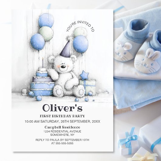 Cute Teddy Bear 1er Anniversaire Fête Invitation