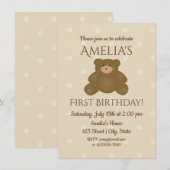 Cute Teddy Bear Baby First Birthday Invitation Kaart (Voorkant / Achterkant)