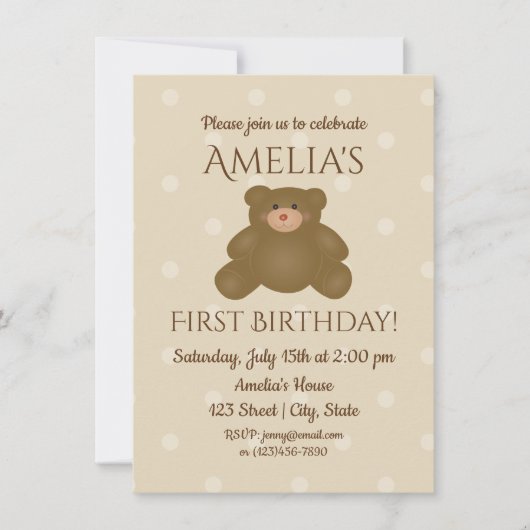 Cute Teddy Bear Baby First Birthday Invitation Kaart (Voorkant)