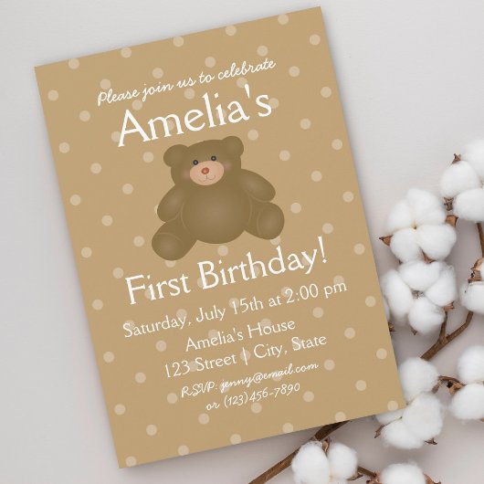 Cute Teddy Bear Baby First Birthday Invitation Kaart
