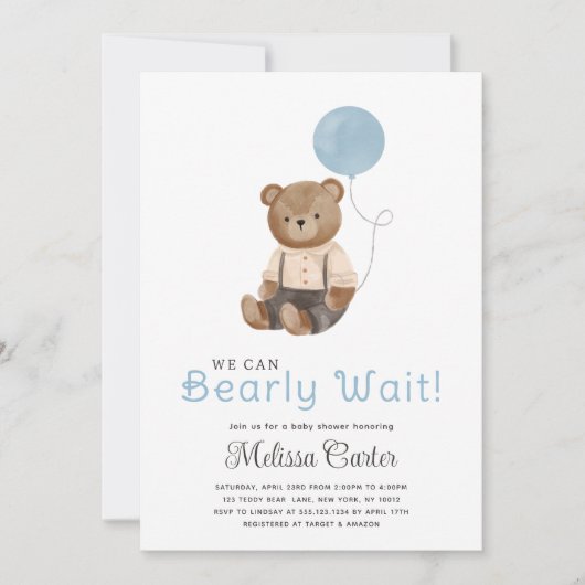 Cute Teddy Bear Baby shower Boy Party Invitation (Devant)