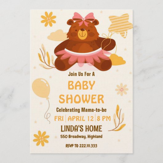 Cute Teddy Bear Baby Shower Invitation for Girl (Devant)