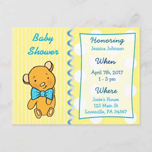 Cute Teddy Bear Baby shower Jaune Invitation (Devant)