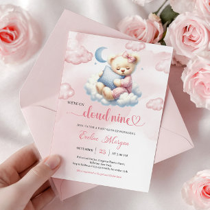 Cute Teddy Bear Baby Shower Uitnodiging Cloud Nine