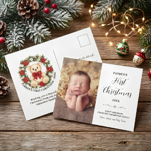 Cute Teddy Bear Bloemenkrans Baby Eerste Kerstmis Briefkaart