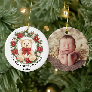 Cute Teddy Bear Bloemenkrans Baby Eerste Kerstmis Keramisch Ornament