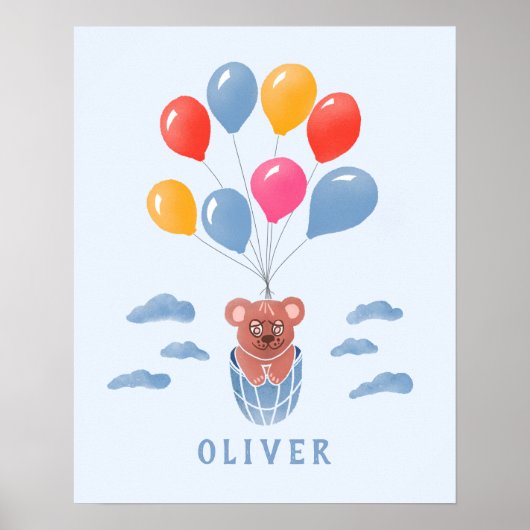 Cute Teddy Bear Blue Balloons Boy Name Poster (Voorkant)