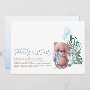 Cute Teddy Bear Blue Barly Wait Boy Baby shower Kaart
