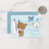 Cute Teddy Bear Blue Clothesline Dank je Notitiekaartje (Voorkant / Achterkant in situ)