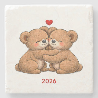 Cute Teddy Bear Couple in Love – Embroidered Style Stenen Onderzetter