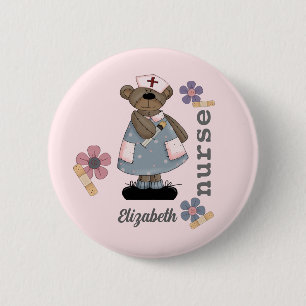 Cute Teddy Bear Custom Name Button for Nurse