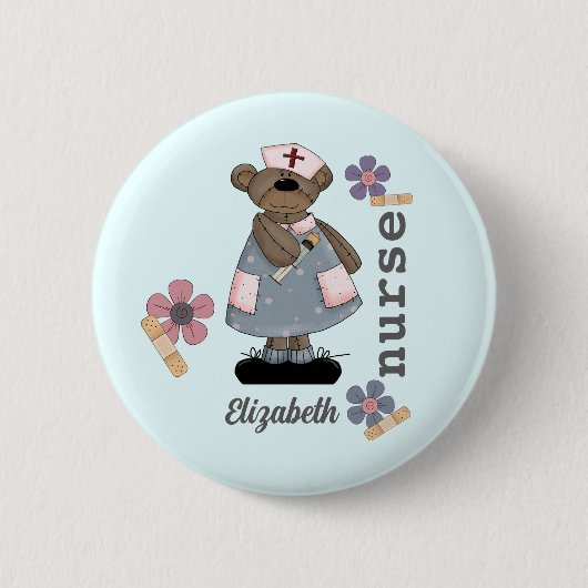 Cute Teddy Bear Custom Name Button for Nurse (Voorkant)