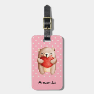 Cute Teddy Bear die een rood hart draagt Bagagelabel