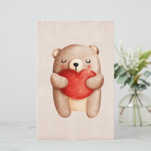 Cute Teddy Bear die een rood hart draagt Briefpapier (Staand voorkant)
