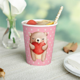 Cute Teddy Bear die een rood hart draagt Papieren Bekers